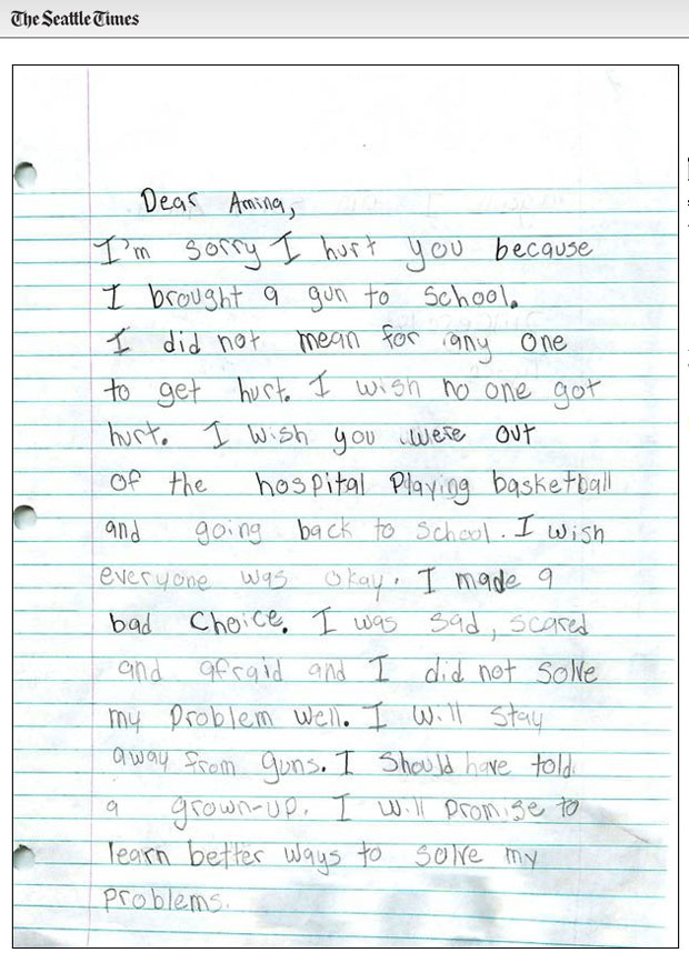Menino de 9 anos escreve carta de desculpas após ferir 