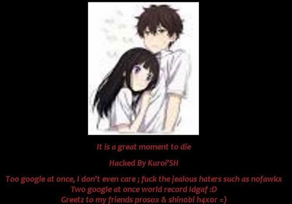 Usuários relatam encontrar imagem de um anime e mensagem de hacker ao entrar no google.com.br (Foto: Reprodução)